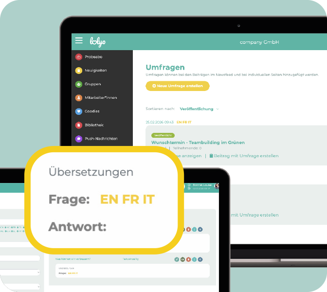 Uebersetzungsstatus Ihrer Mitarbeiter-App-Umfragen einfach ueberprüfen. Mitarbeiter-App - New Feature - Uebersetzungscheck bei mehrsprachigen Umfragen - PC Screen