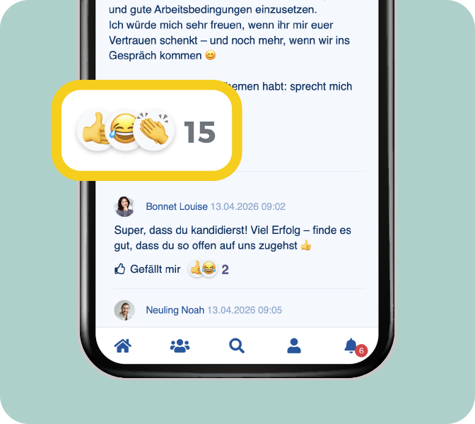 Mitarbeiter-App New Feature - Social Reactions - Pinnwand Postings - Smartphone Screen