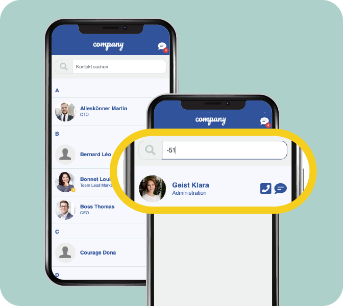 Mitarbeiter-App New Features - Telefonnummern - Kontaktliste - Suche - Smartphone Screens