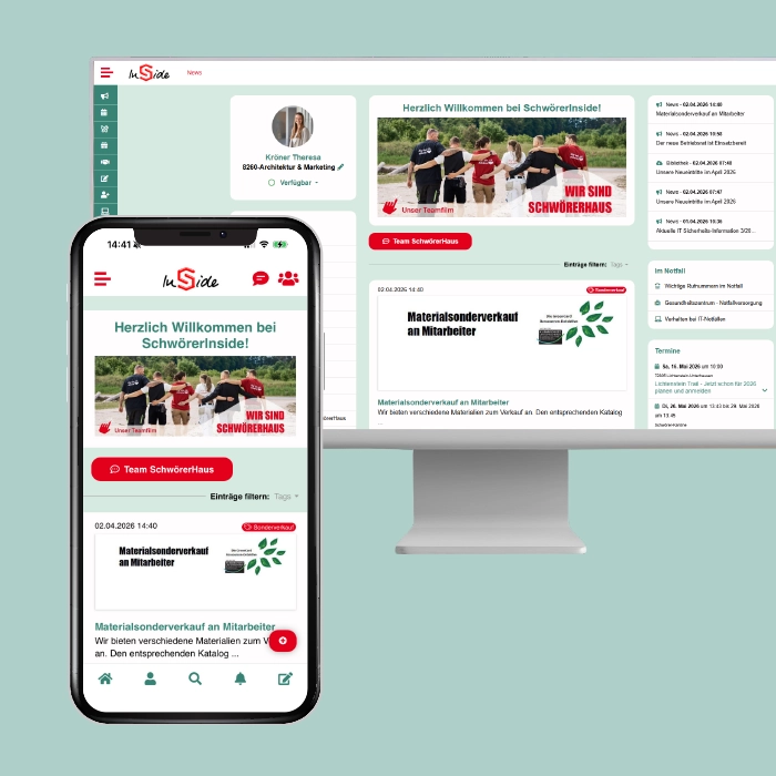 Mitarbeiter-App Best Practice - SchwörerHaus - Startseite - App + PC Screen
