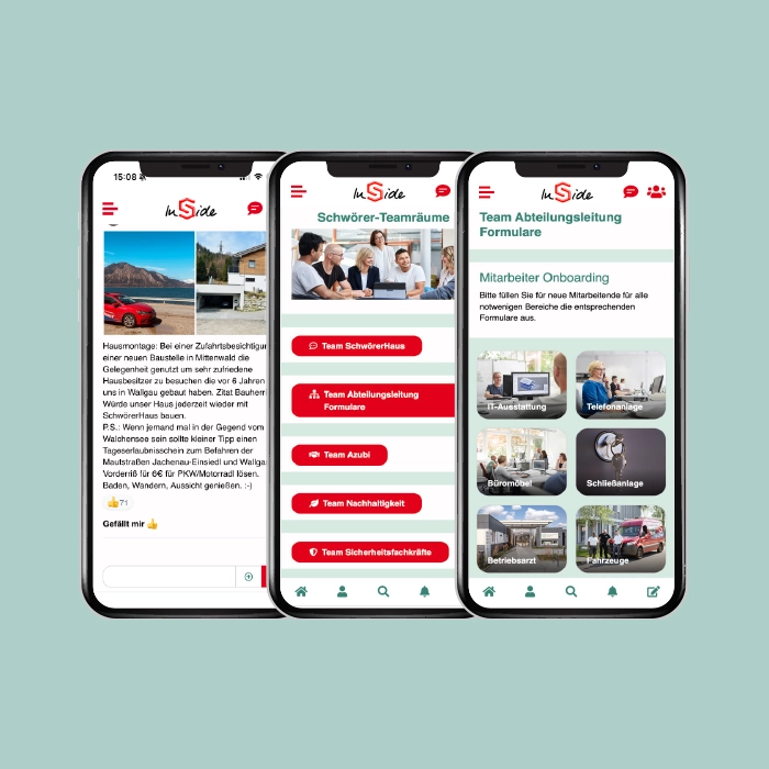 Mitarbeiter-App Best Practice Schwörer Haus - Team Channels - Pinnwand - Screens