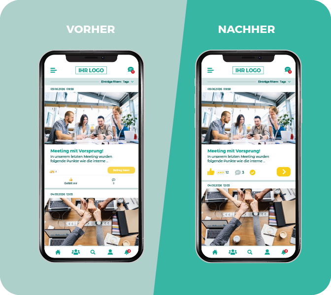 Mitarbeiter-App Reactions in neuem Design - modern, reduziert, individuell anpassbar LOLYO Mitarbeiter-App Social Reactions New Design - App Screens Newsfeed - Vorher - Nachher