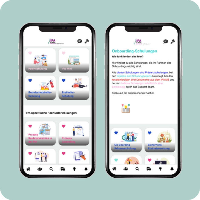 Online Schulungen in der Mitarbeiter-App für strukturiertes Onboarding Mitarbeiter-App IPA A-Nord - App-Screens digitales Onboarding