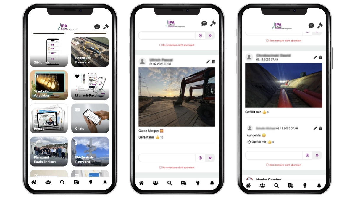 Mitarbeiter-App als Tor zur Bauprojekt-Community: Kontakte, Messenger und Gruppenaustausch Mitarbeiter-App Screens - Pinnwände - Baustellenpostings - firmenübergreifende Vernetzung