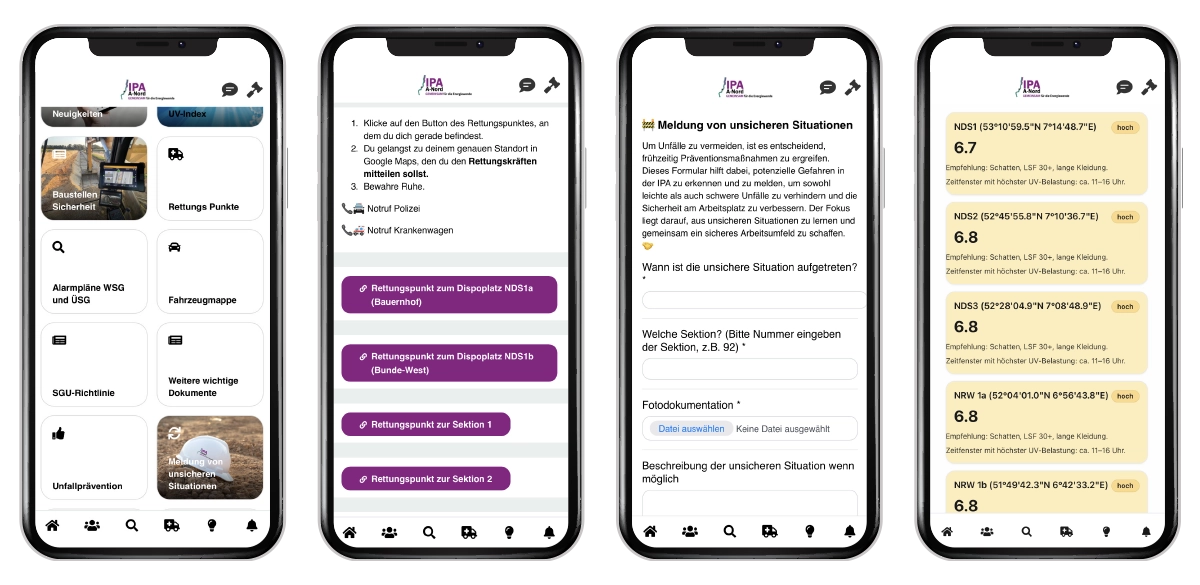 Die Mitarbeiter-App bündelt alle wichtigen Infos rund um Arbeitsschutz und Baustellensicherheit Mitarbeiter-App Screens Arbeitsschutz, Baustellensicherheit, Rettungspunkte, UV-Index, Melde-Formular