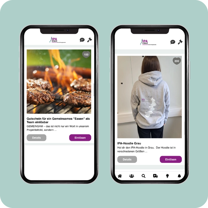 Top Goodies für Mitarbeiter-Vorschläge in der Mitarbeiter-App Mitarbeiter-App Screens - Goodies - Belohnung für aktive Beteiligung - MITMACH Paket