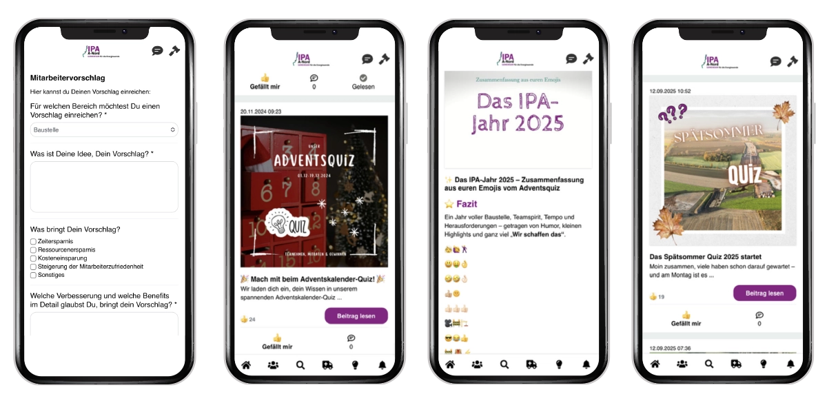 Aktionen für aktive Beteiligung in der Mitarbeiter-App - Mitmachen zahlt sich aus Mitarbeiter-App Mitmach-Aktionen - Gamification - Wissensvermittlung - Mitarbeitervorschlagswesen - App-Screens