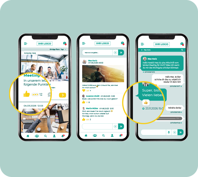 Individuelle Social Reactions in Ihren Mitarbeiter-App Bereichen LOLYO Mitarbeiter-App Social Reactions - Anpassung - App-Screens - Newsfeed - Pinnwand - Chat
