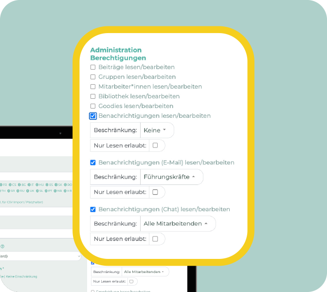 Mitarbeiter-App - New Feature - Berechtigungen für E-Mail-, Chat- und Push-Benachrichtiungen - Ausschnitt