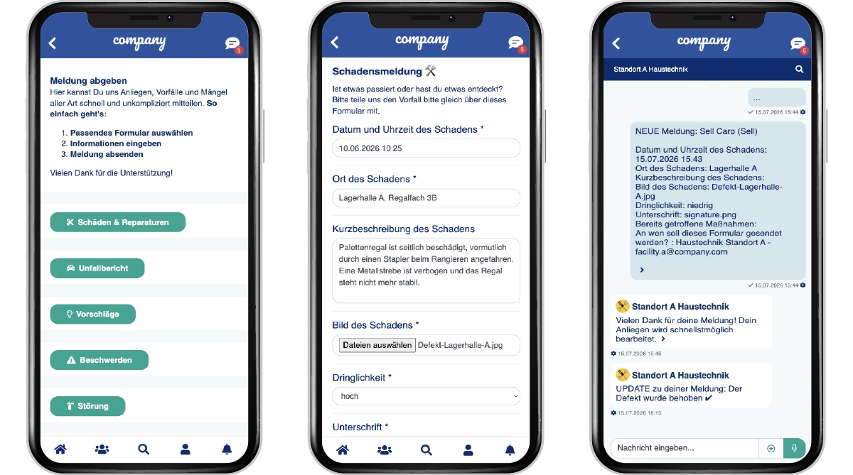 Mitarbeiter-App Screens zum digitalen Meldeprozess - Antragsübersicht und -Auswahl, Meldeformular, automatische Updates