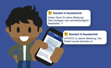 Digitale Meldeprozesse in der Mitarbeiter-App - LOLYO Figur, Smartphone, Chat-Nachrichten mit Updates zum Bearbeitungsstatus