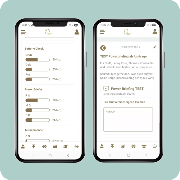 Mitarbeiter-App News und Umfragen für kurze Schulungseinheiten und schnelle Wissensüberprüfung Wissensabfrage in der Mitarbeiter-App - Smartphone-Screens