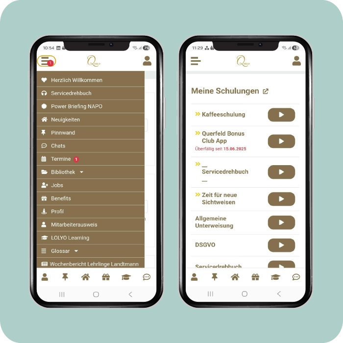 Querfeld Mitarbeiter-App und eLearning Dashboard - App-Screens