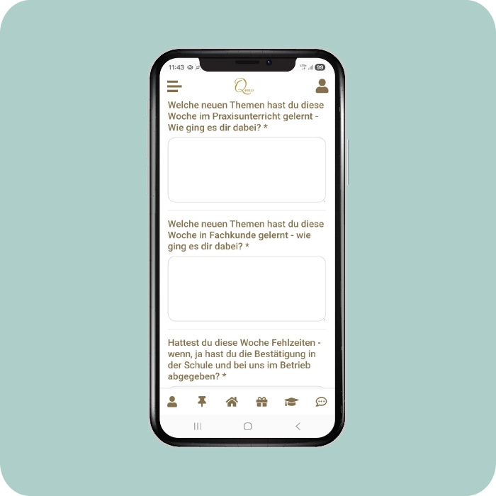 Wochenberichte und Lernreflexionen im Azubi-Bereich der Mitarbeiter-App Digitale Akademie in der Mitarbeiter-App von Querfeld - App-Screen