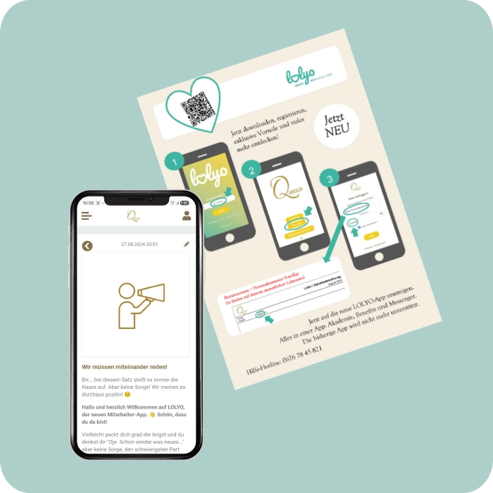 Mitarbeiter-App Rollout Querfeld - Flyer + App-Screen App Launch Kampagne