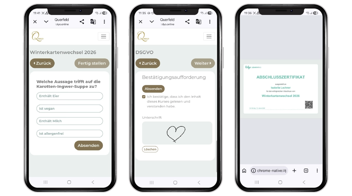 Wissen und Prozesse werden über die Mitarbeiter-App zentral dokumentiert Mitarbeiter-App Querfeld - Digitale Wissensabfrage, Schulungsdokumentation, Zertifikat - Smartphone Screens