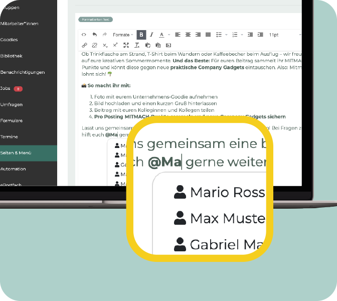 Markieren Sie Kolleg:innen jetzt auch direkt auf in Inhaltsseiten Ihrer Mitarbeiter-App Mitarbeiter-App - New Feature - User-Tagging auf Inhaltsseiten- PC-Ausschnitt