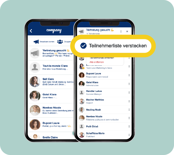 Broadcast-Empfänger:innen ausblenden? Geht jetzt in der Mitarbeiter-App! Mitarbeiter-App Broadcast - Teilnehmer ausblenden - Smartphone Screens