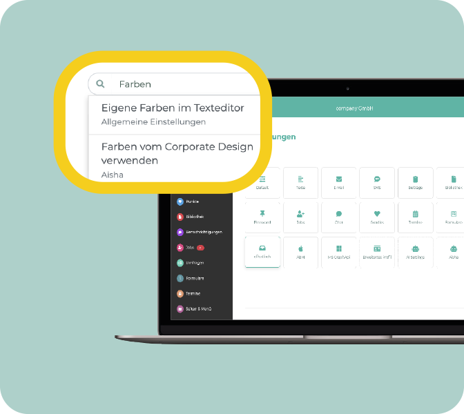 Ihre Mitarbeiter-App Einstellungen jetzt noch übersichtlicher - schneller finden, was Sie suchen Mitarbeiter-App Einstellungen - Suchfeld - Neues Design - PC-Screen