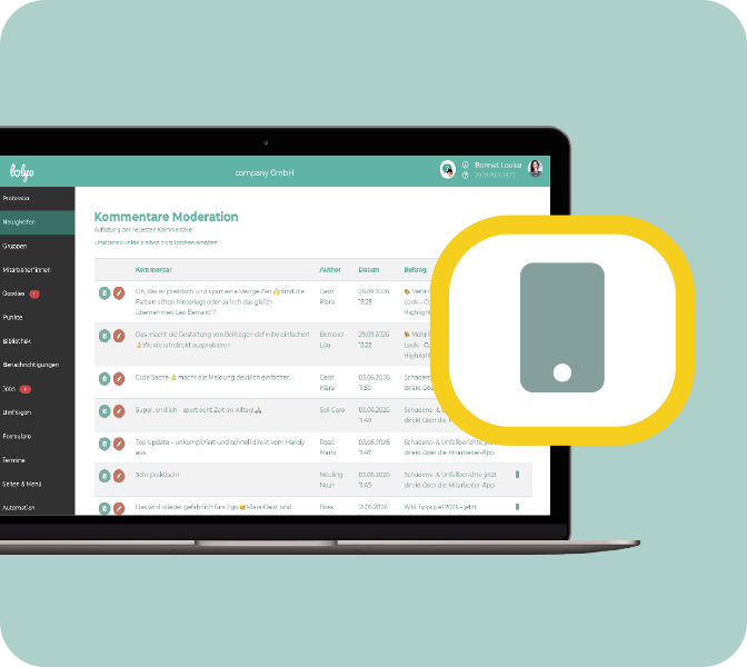 Mehr Durchblick in den News-Kommentaren? Einfach im Admin-Bereich durchscrollen und direkt antworten. Mitarbeiter-App Hidden Hint - Kommentare im Administrationsbereich moderieren - PC-Screen