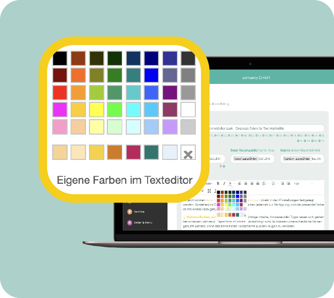Einfach festlegen, immer nutzen - für schnelle & CI-konforme Textgestaltung! Mitarbeiter-App Texteditor - Farbauswahl einstellbar - PC-Screen - Ausschnitt